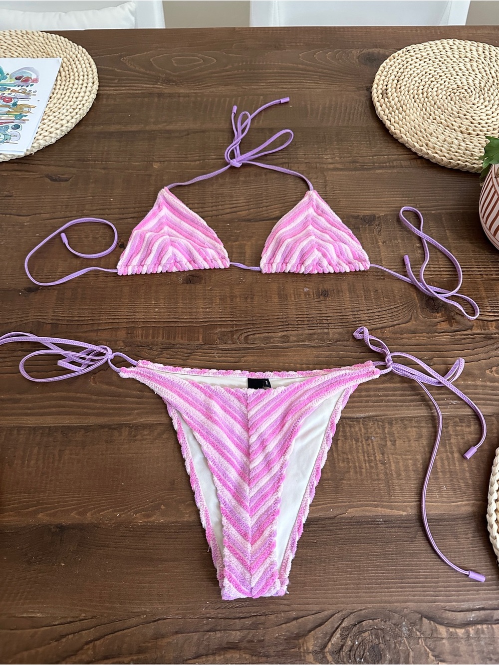 Pink & Lavender Striped Triangl Bikini Set
